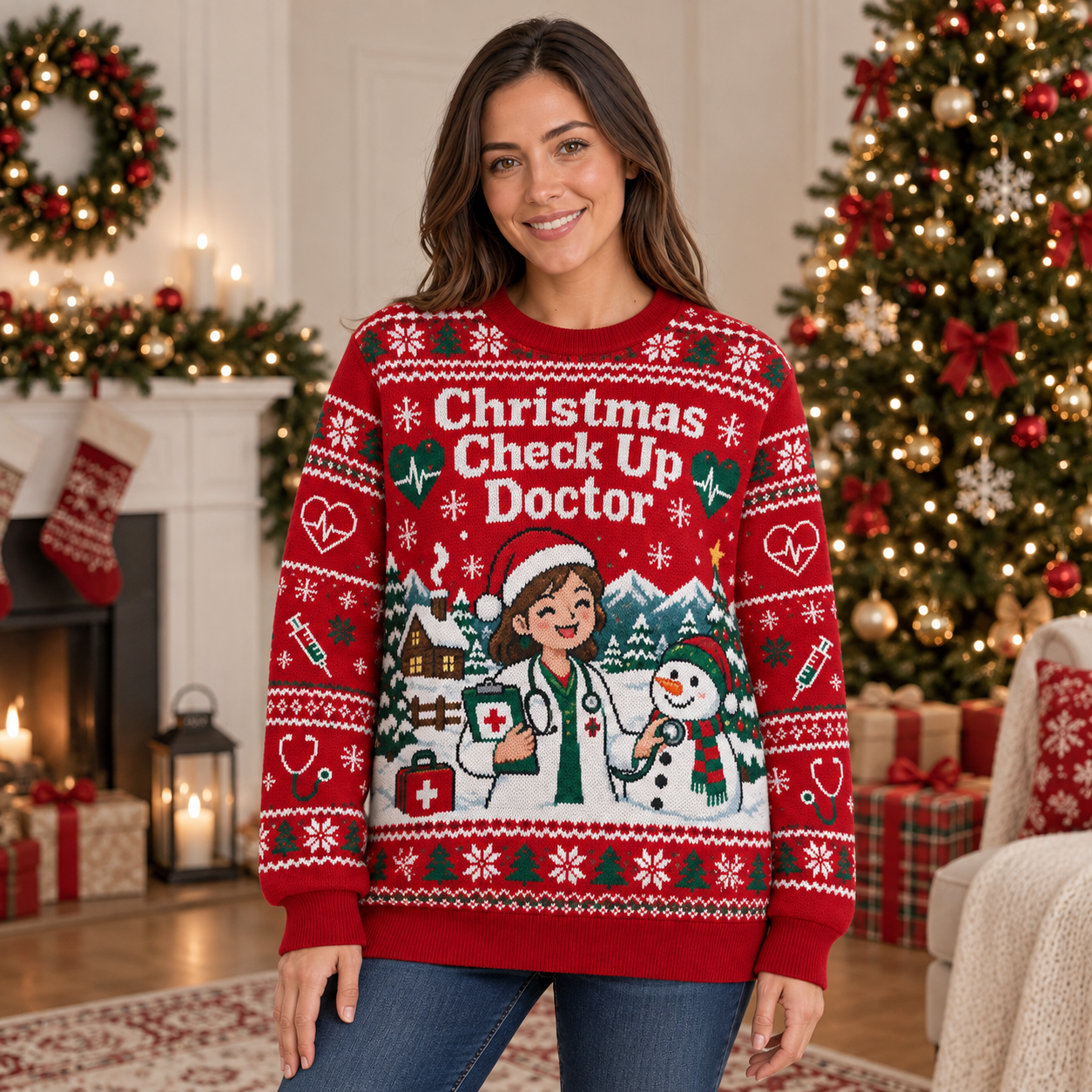 [popular-sweater:PX-21-09:female] Christmas Check Up Doctor Ugly Christmas Sweatshirt - Female view