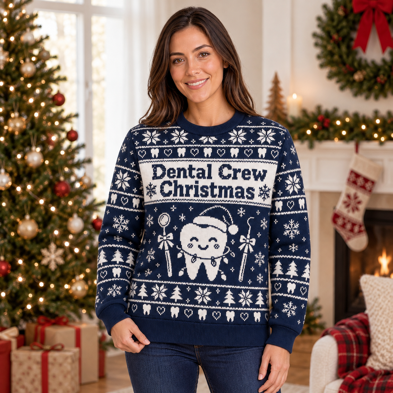 [popular-sweater:PX-21-11:female] Dental Crew Christmas Ugly Christmas Sweatshirt - Female view