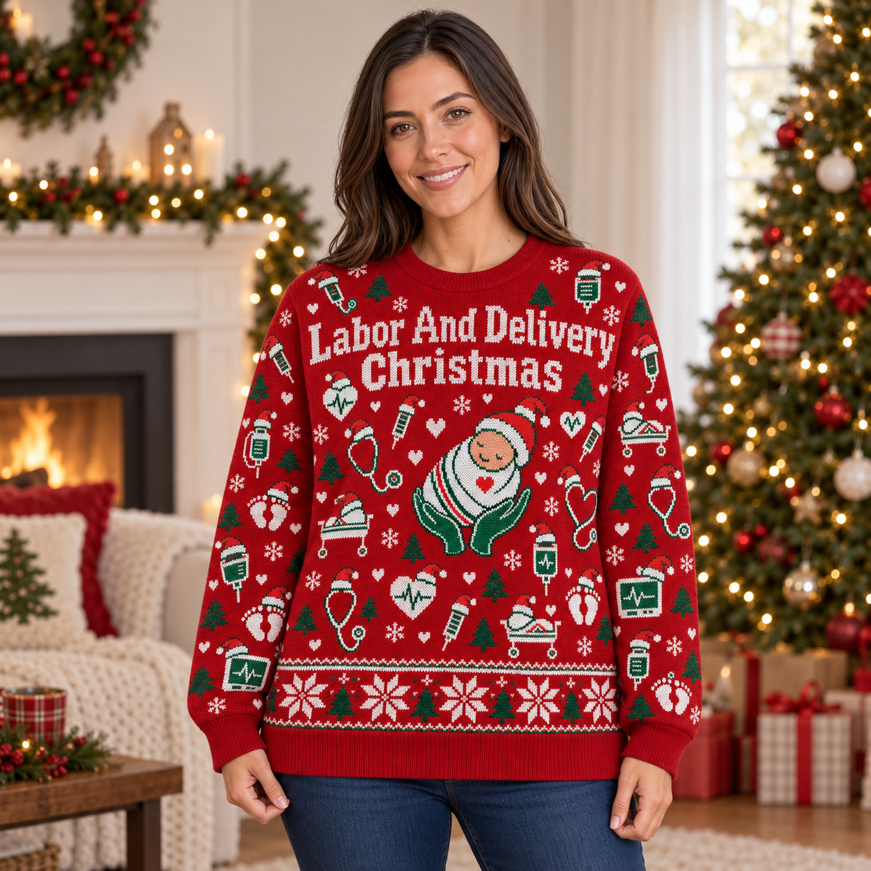 [popular-sweater:PX-21-17:female] Labor And Delivery Christmas Ugly Christmas Sweatshirt - Female view