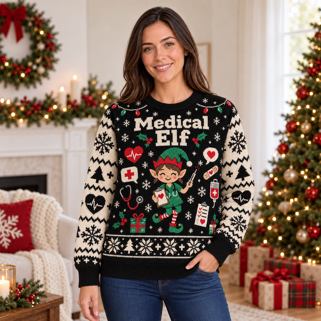 [popular-sweater:PX-21-18:female] Medical Elf Ugly Christmas Sweatshirt - Female view