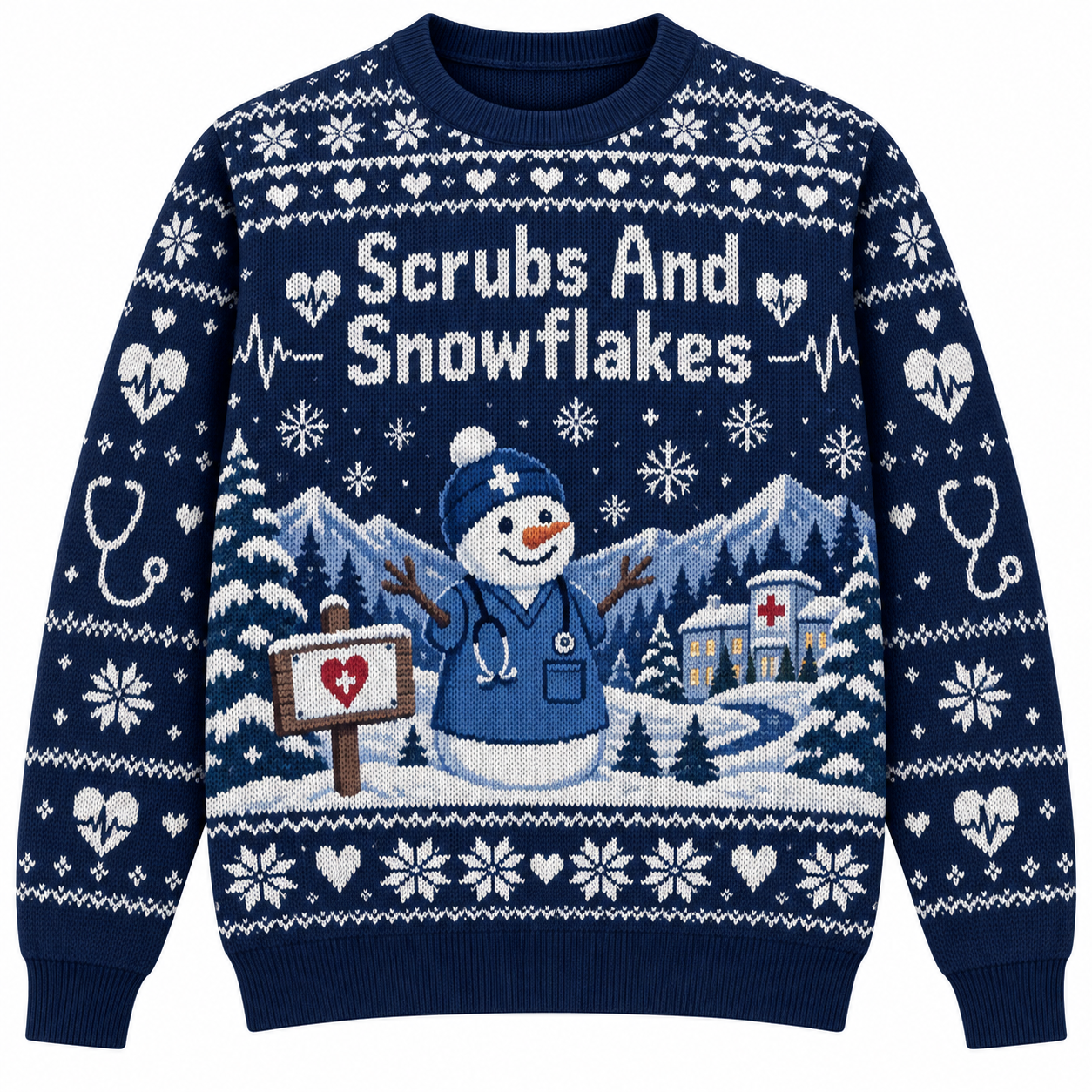 [popular-sweater:PX-21-19:front] Scrubs And Snowflakes Ugly Christmas Sweatshirt - Front view