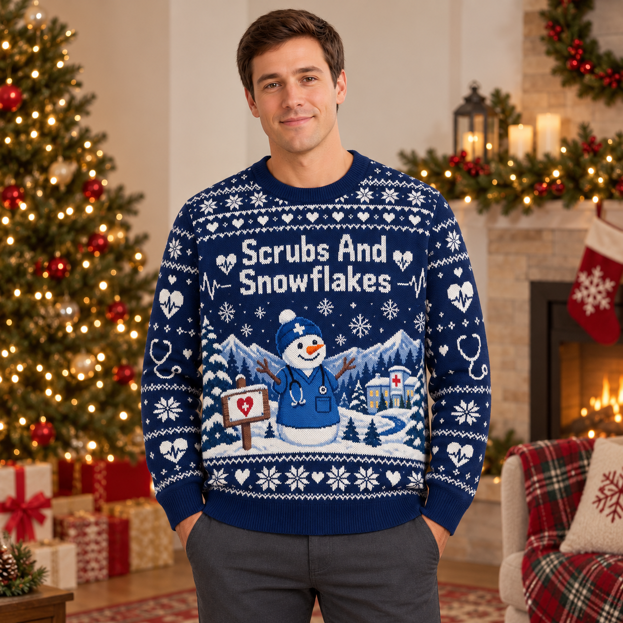 [popular-sweater:PX-21-19:male] Scrubs And Snowflakes Ugly Christmas Sweatshirt - Male view