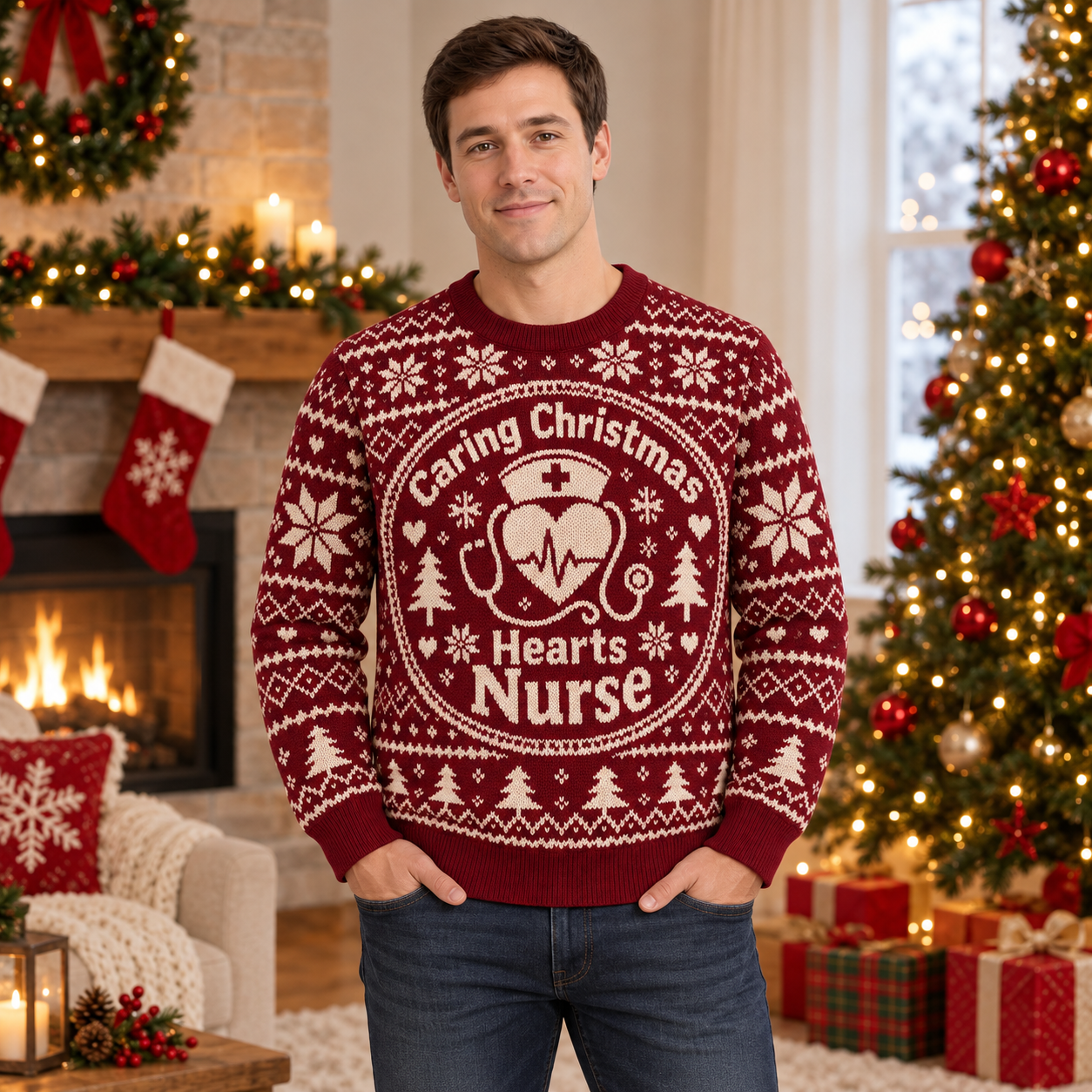 [popular-sweater:PX-21-20:male] Caring Christmas Hearts Nurse Ugly Christmas Sweatshirt - Male view