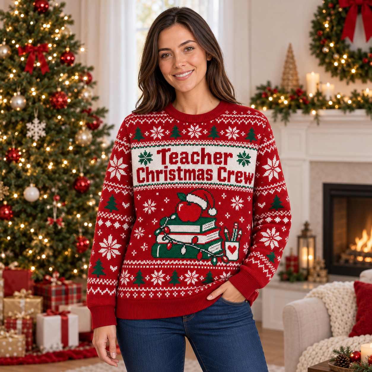 [popular-sweater:PX-22-01:female] Teacher Christmas Crew Ugly Christmas Sweatshirt - Female view