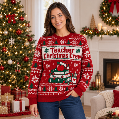 [popular-sweater:PX-22-01:female] Teacher Christmas Crew Ugly Christmas Sweatshirt - Female view