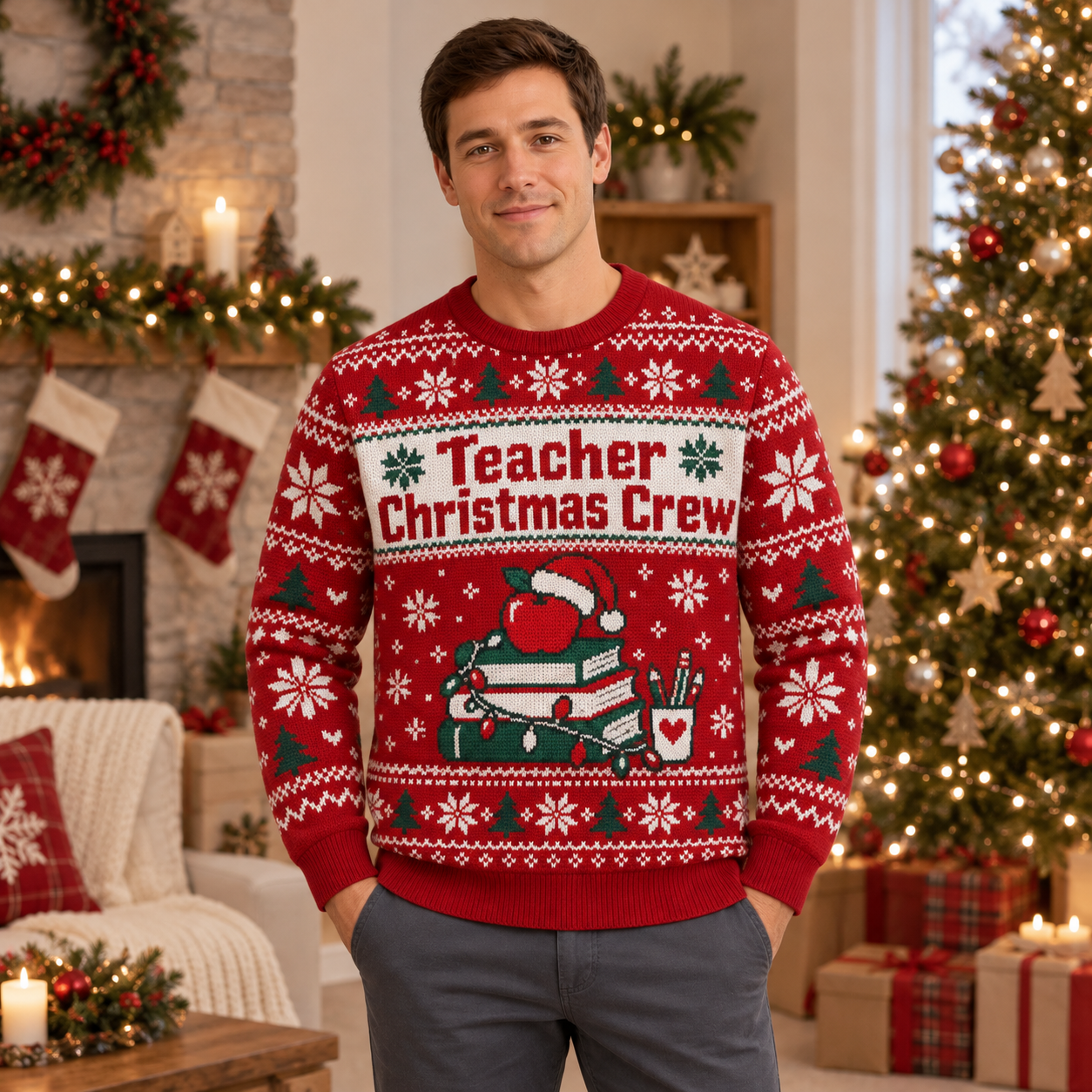 [popular-sweater:PX-22-01:male] Teacher Christmas Crew Ugly Christmas Sweatshirt - Male view