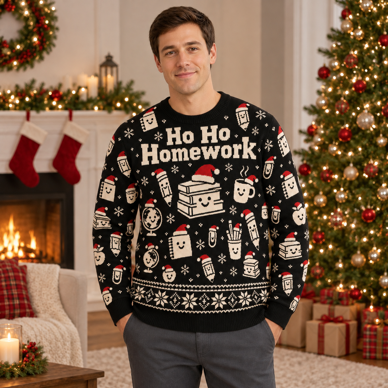 [popular-sweater:PX-22-02:male] Ho Ho Homework Ugly Christmas Sweatshirt - Male view