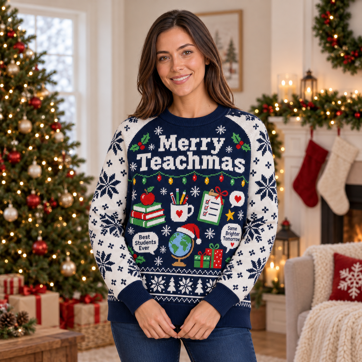 [popular-sweater:PX-22-03:female] Merry Teachmas Ugly Christmas Sweatshirt - Female view