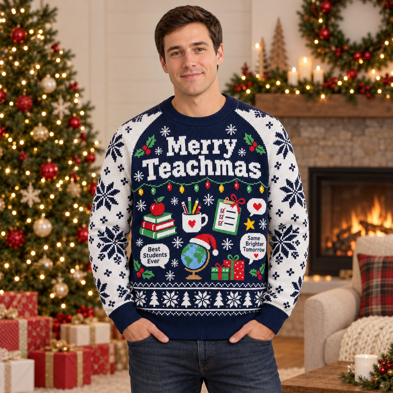 [popular-sweater:PX-22-03:male] Merry Teachmas Ugly Christmas Sweatshirt - Male view