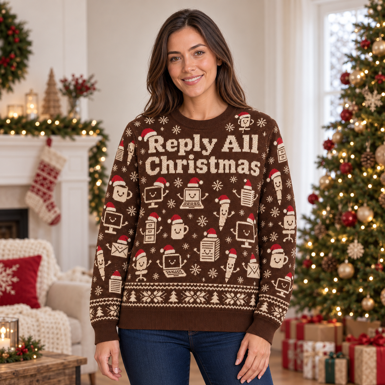 [popular-sweater:PX-22-07:female] Reply All Christmas Ugly Christmas Sweatshirt - Female view