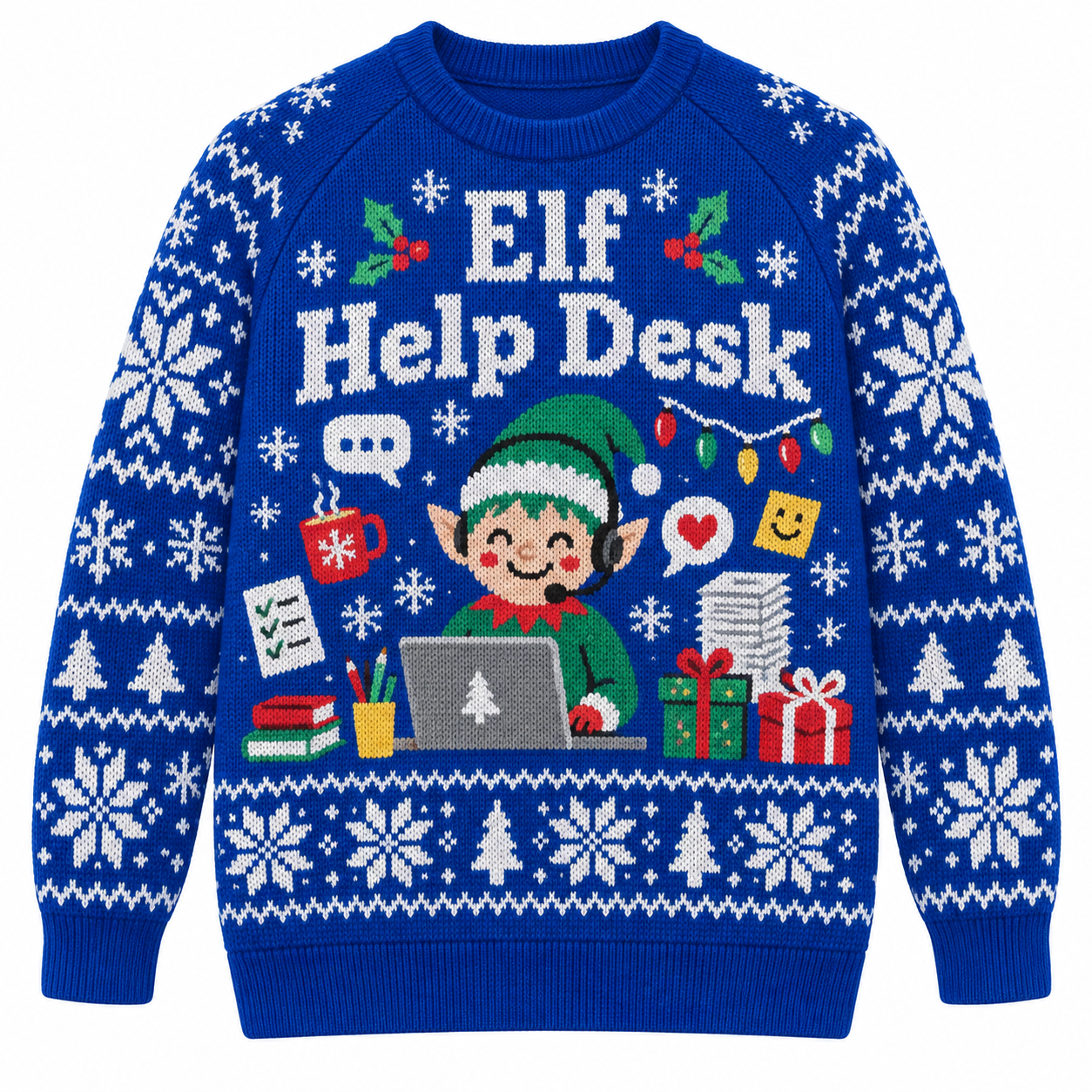 [popular-sweater:PX-22-08:front] Elf Help Desk Ugly Christmas Sweatshirt - Front view