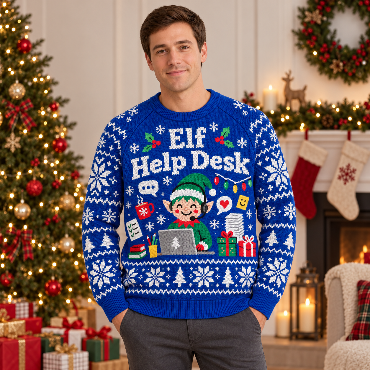 [popular-sweater:PX-22-08:male] Elf Help Desk Ugly Christmas Sweatshirt - Male view