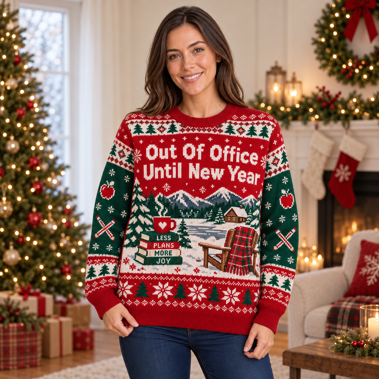 [popular-sweater:PX-22-09:female] Out Of Office Until New Year Ugly Christmas Sweatshirt - Female view
