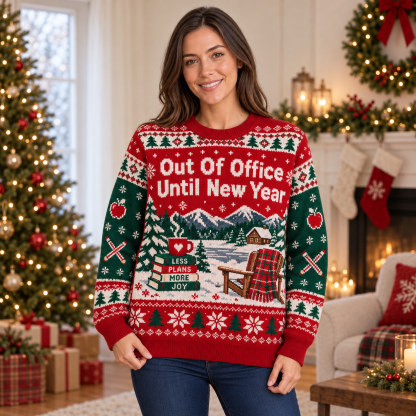 [popular-sweater:PX-22-09:female] Out Of Office Until New Year Ugly Christmas Sweatshirt - Female view