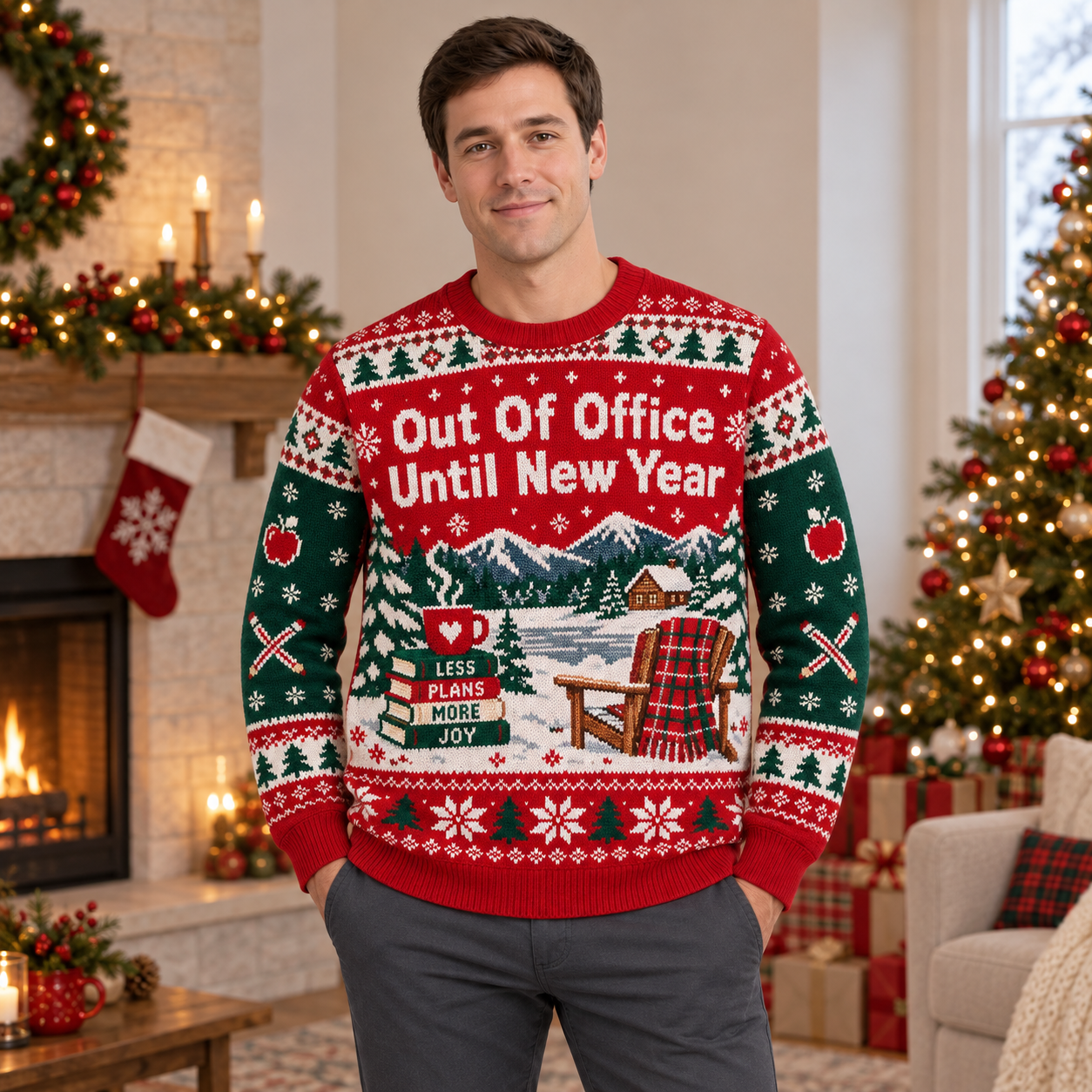 [popular-sweater:PX-22-09:male] Out Of Office Until New Year Ugly Christmas Sweatshirt - Male view