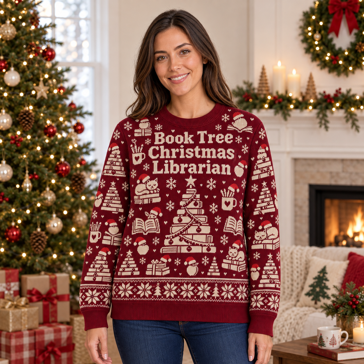 [popular-sweater:PX-22-12:female] Book Tree Christmas Librarian Ugly Christmas Sweatshirt - Female view