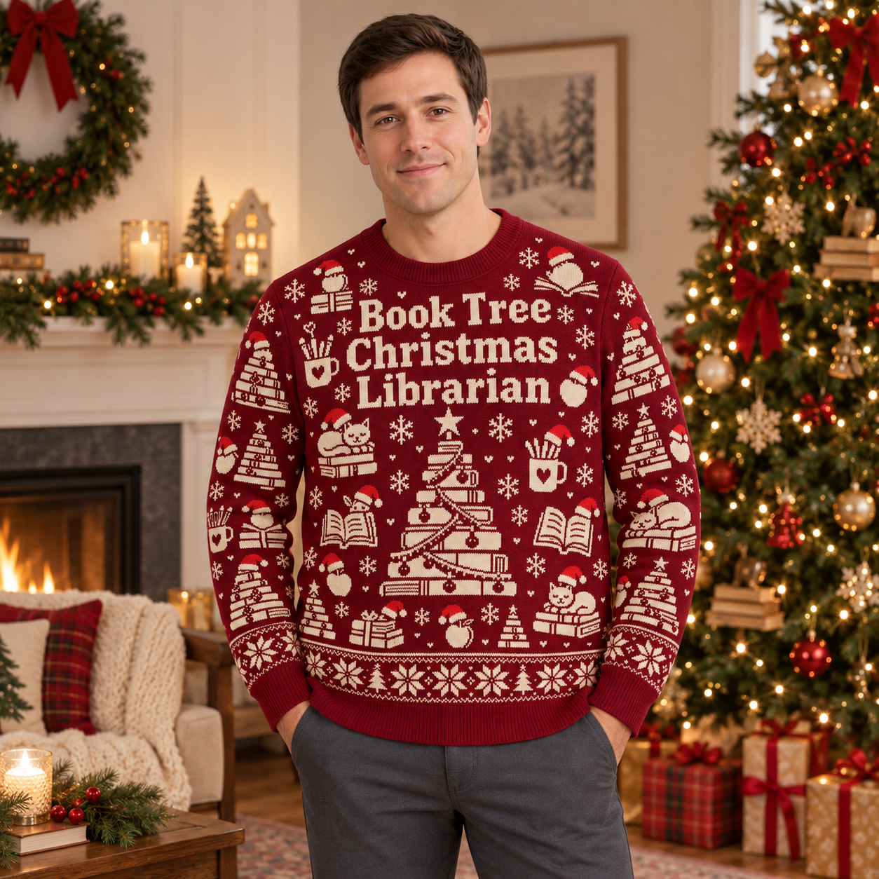 [popular-sweater:PX-22-12:male] Book Tree Christmas Librarian Ugly Christmas Sweatshirt - Male view