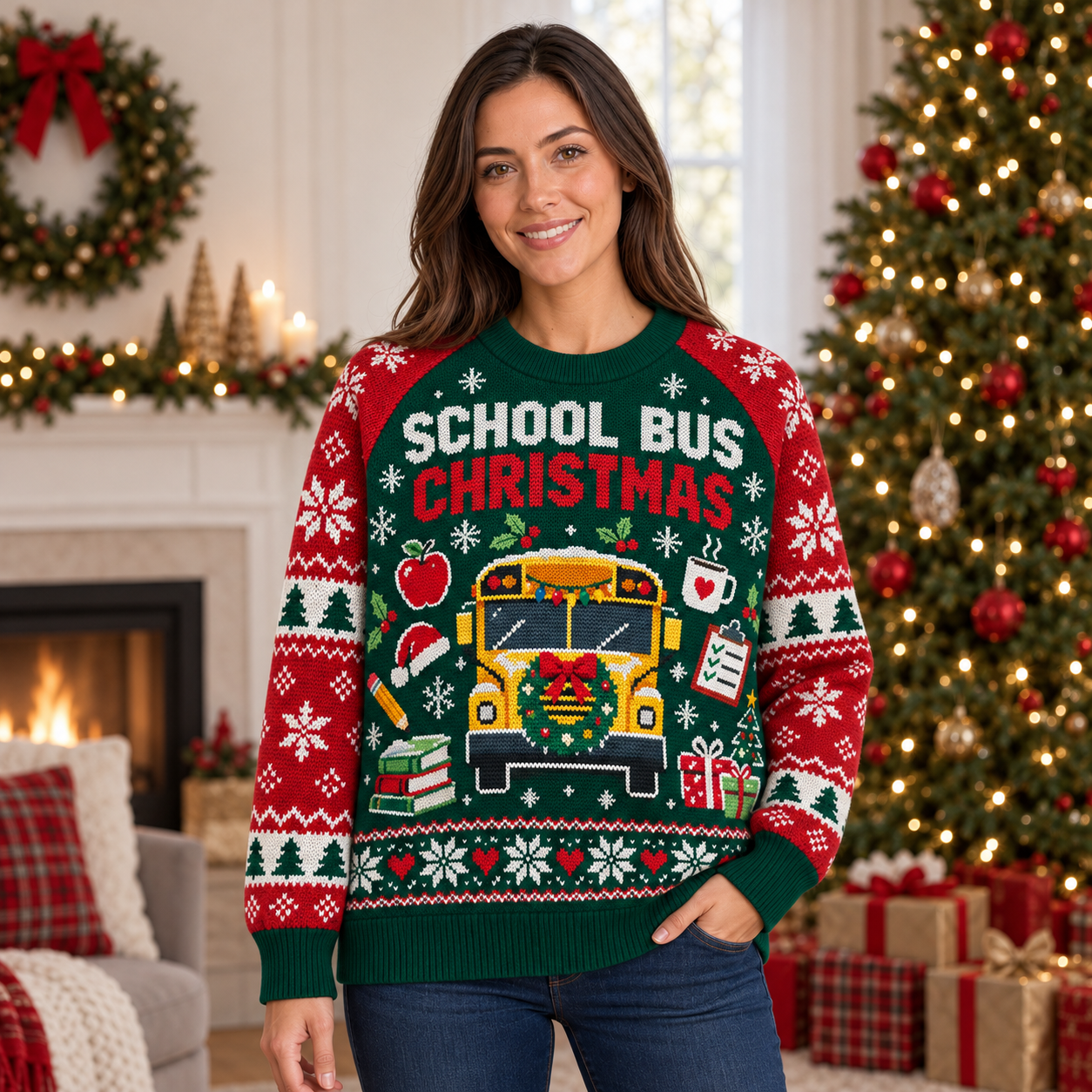 [popular-sweater:PX-22-13:female] School Bus Christmas Ugly Christmas Sweatshirt - Female view
