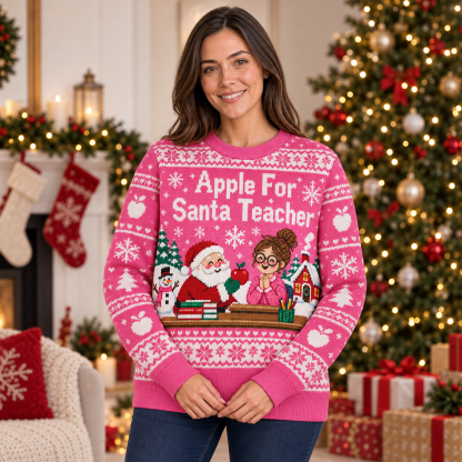 [popular-sweater:PX-22-14:female] Apple For Santa Teacher Ugly Christmas Sweatshirt - Female view