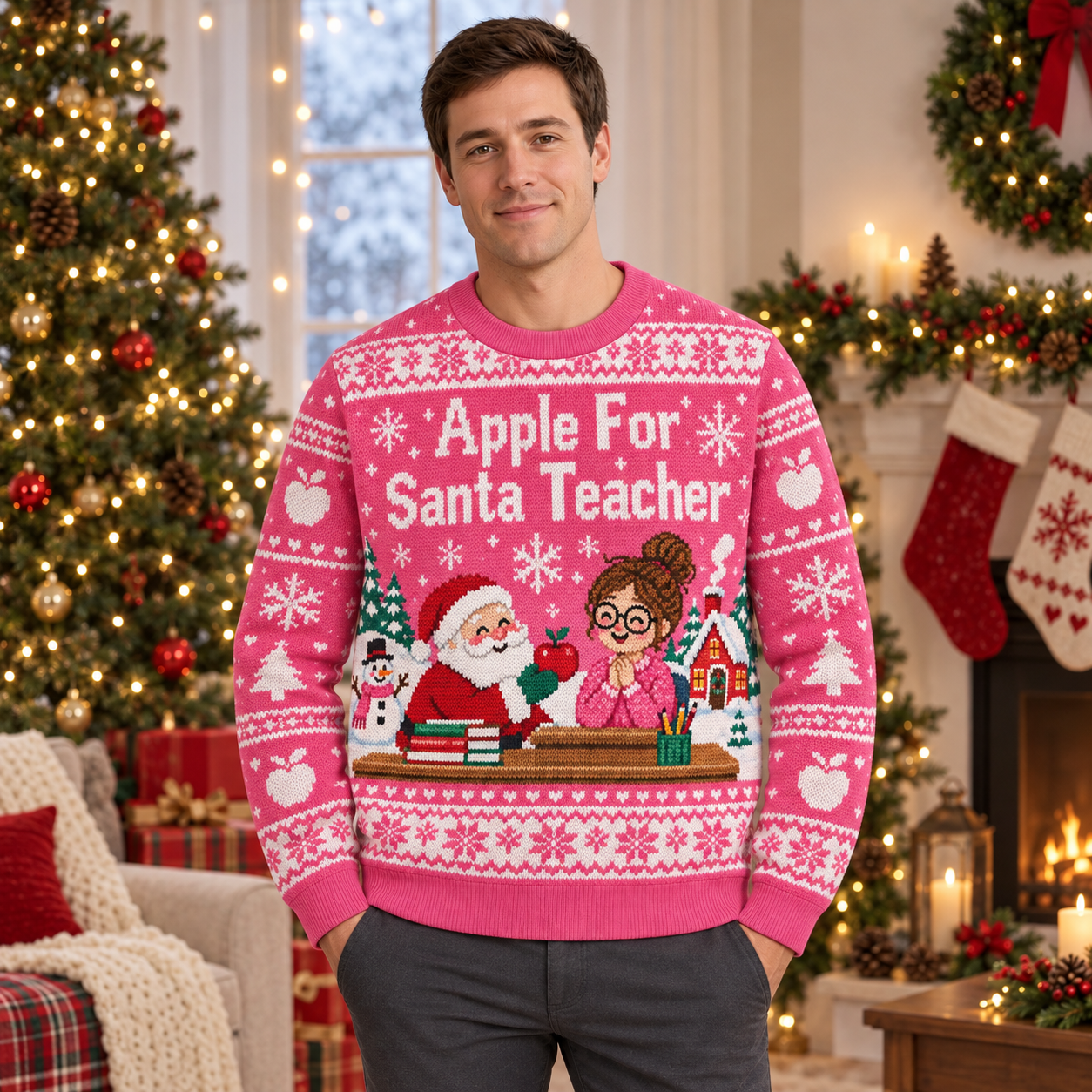 [popular-sweater:PX-22-14:male] Apple For Santa Teacher Ugly Christmas Sweatshirt - Male view