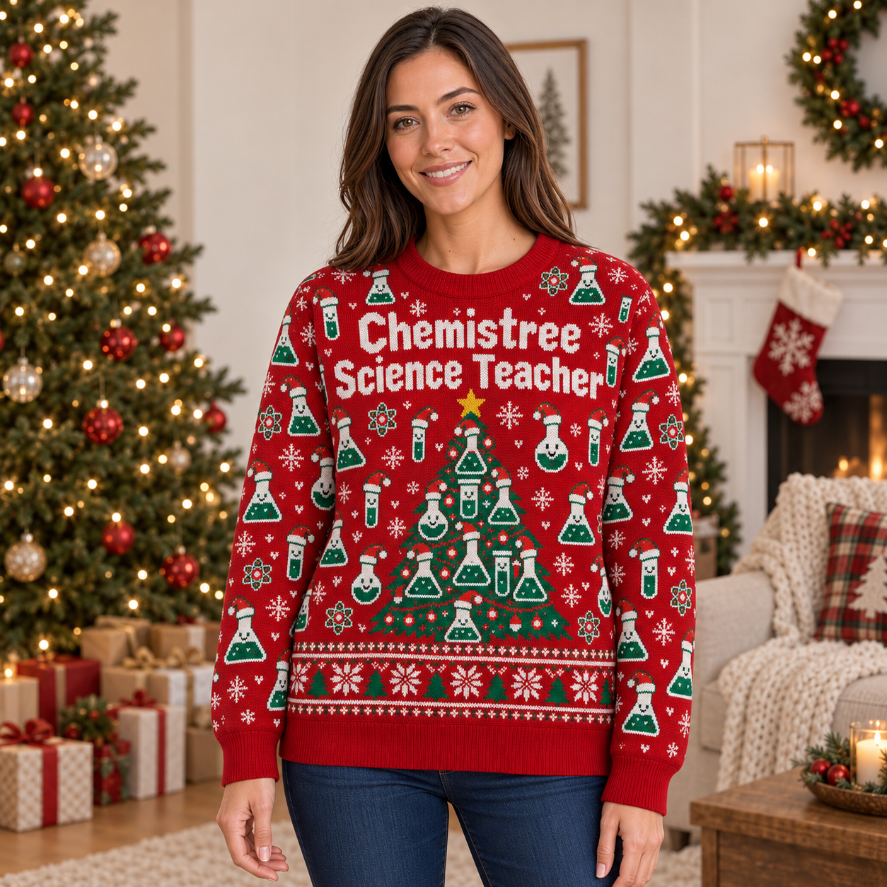 [popular-sweater:PX-22-17:female] Chemistree Science Teacher Ugly Christmas Sweatshirt - Female view