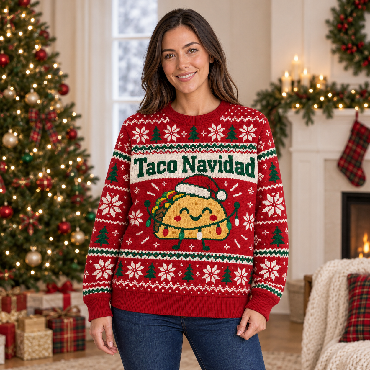 [popular-sweater:PX-23-01:female] Taco Navidad Ugly Christmas Sweatshirt - Female view