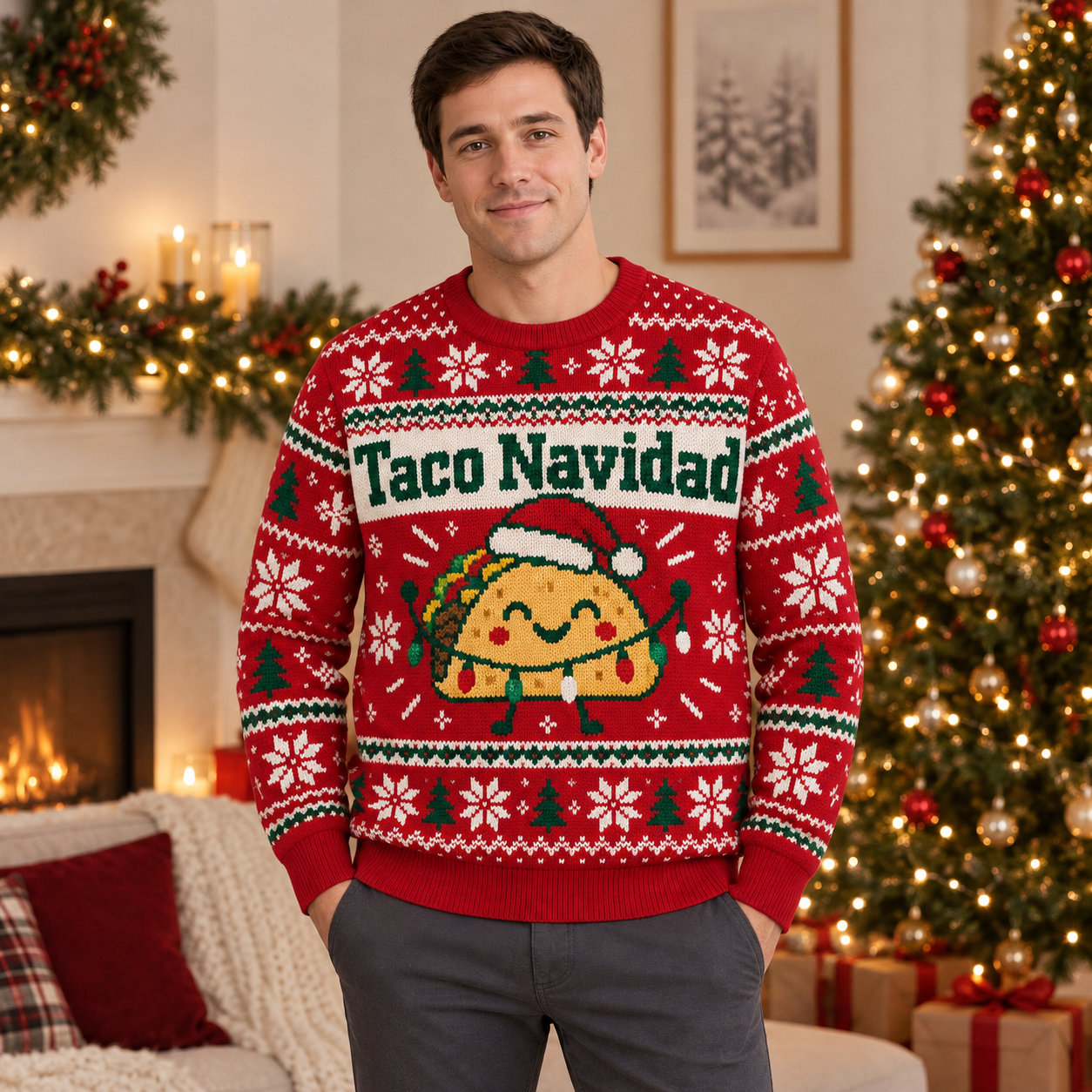 [popular-sweater:PX-23-01:male] Taco Navidad Ugly Christmas Sweatshirt - Male view