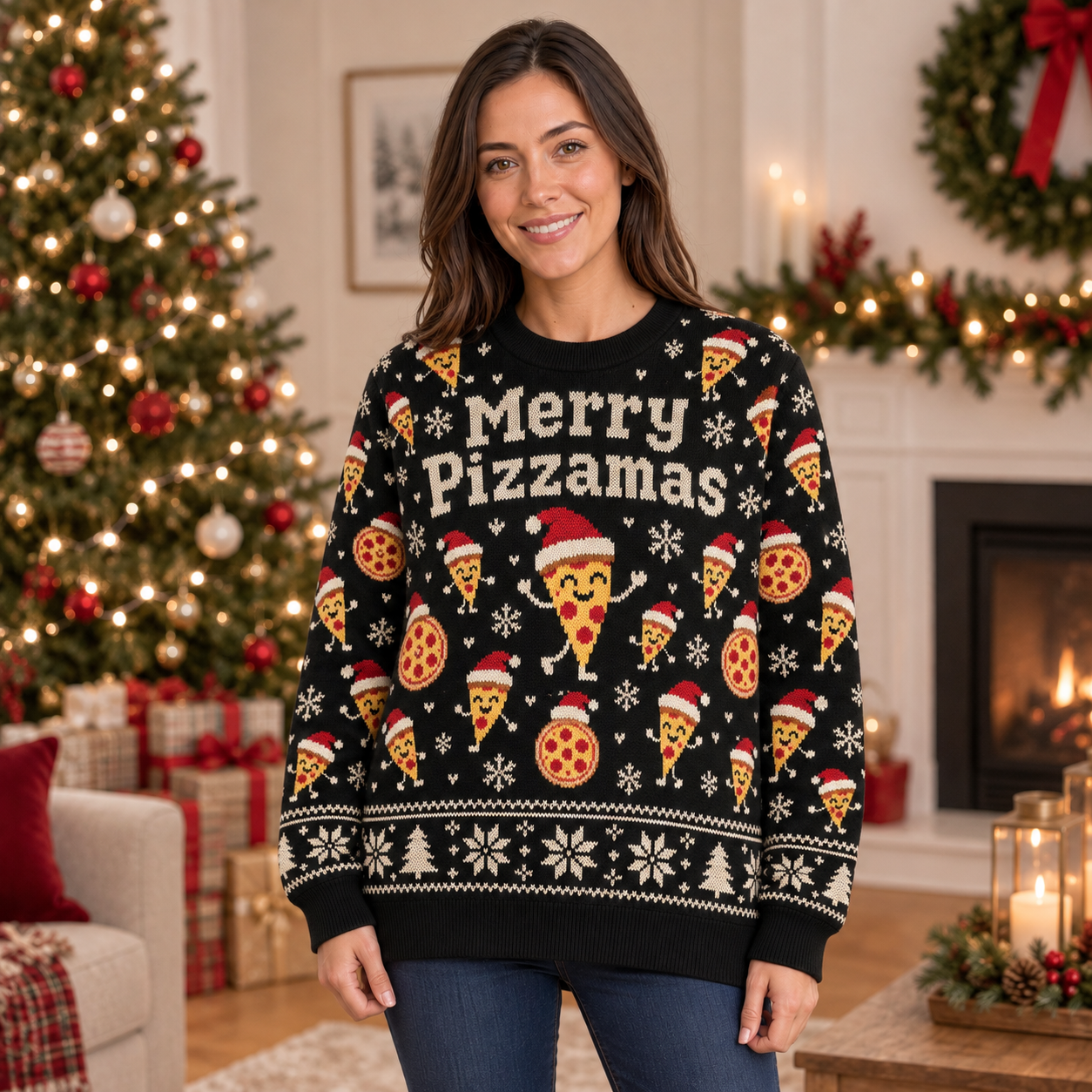 [popular-sweater:PX-23-02:female] Merry Pizzamas Ugly Christmas Sweatshirt - Female view