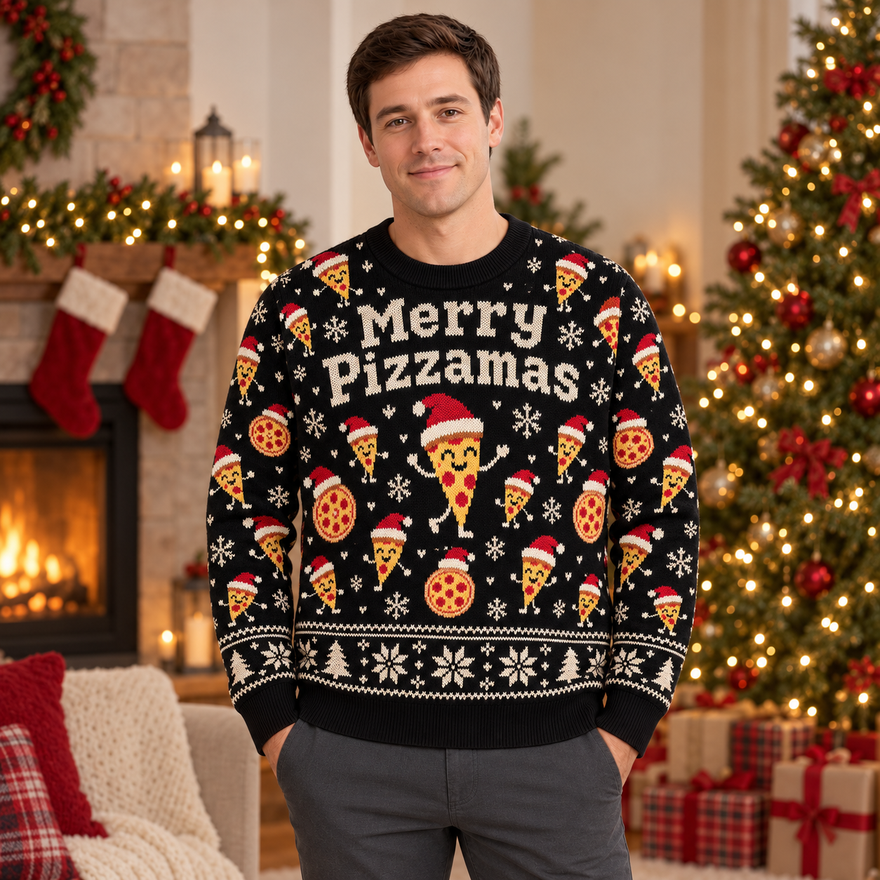 [popular-sweater:PX-23-02:male] Merry Pizzamas Ugly Christmas Sweatshirt - Male view