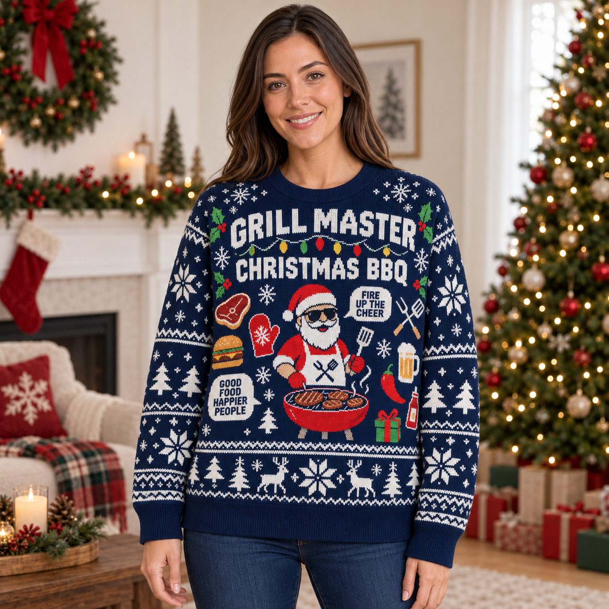 [popular-sweater:PX-23-03:female] Grill Master Christmas BBQ Ugly Christmas Sweatshirt - Female view