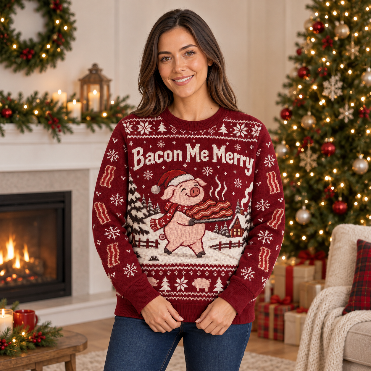 [popular-sweater:PX-23-04:female] Bacon Me Merry Ugly Christmas Sweatshirt - Female view