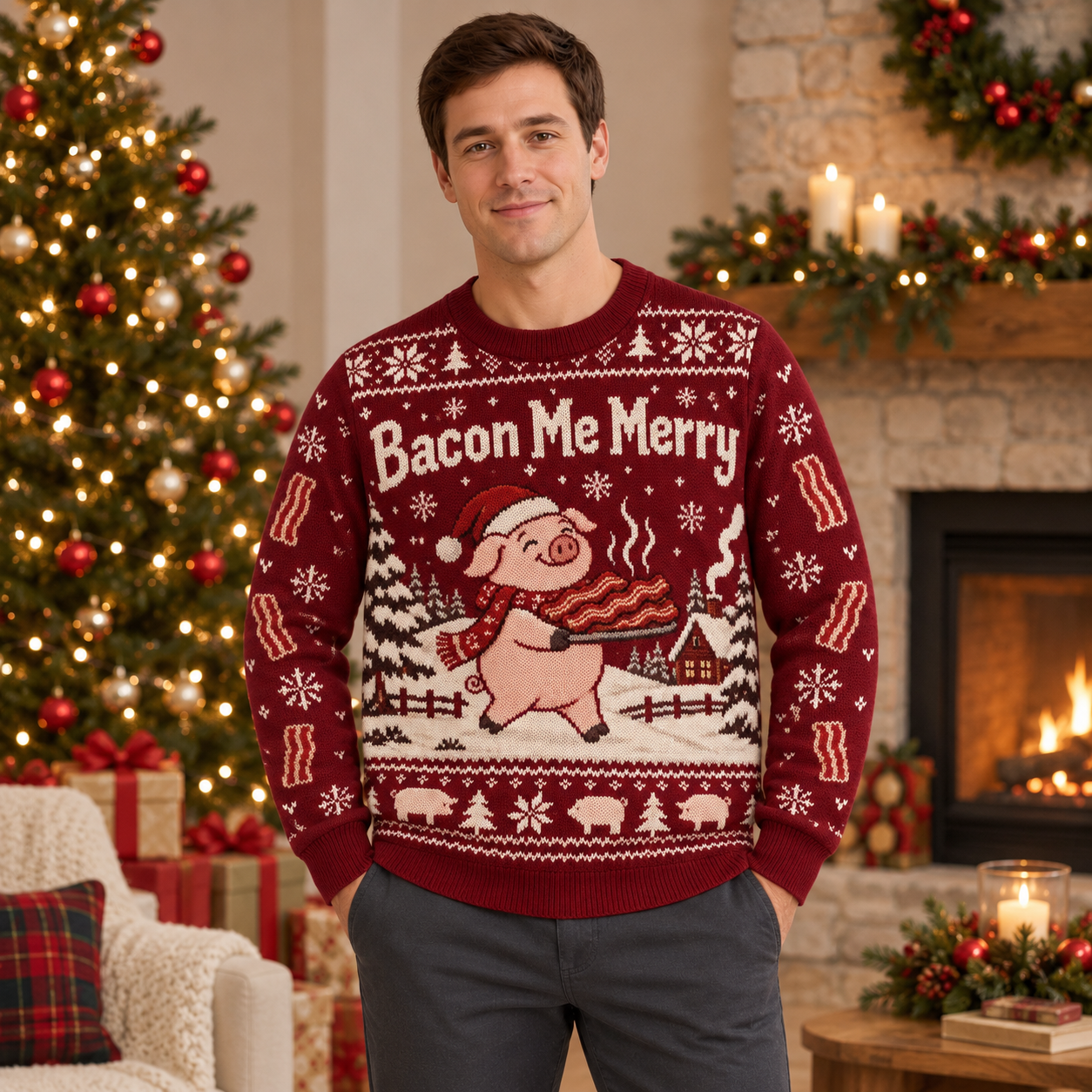 [popular-sweater:PX-23-04:male] Bacon Me Merry Ugly Christmas Sweatshirt - Male view