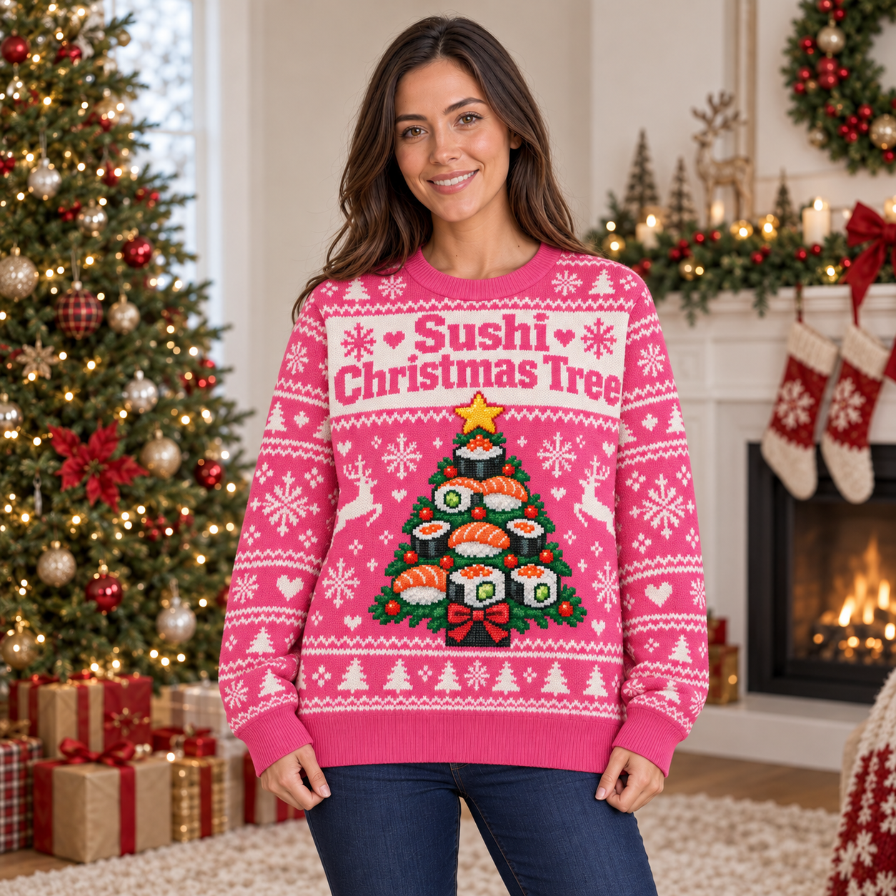 [popular-sweater:PX-23-06:female] Sushi Christmas Tree Ugly Christmas Sweatshirt - Female view