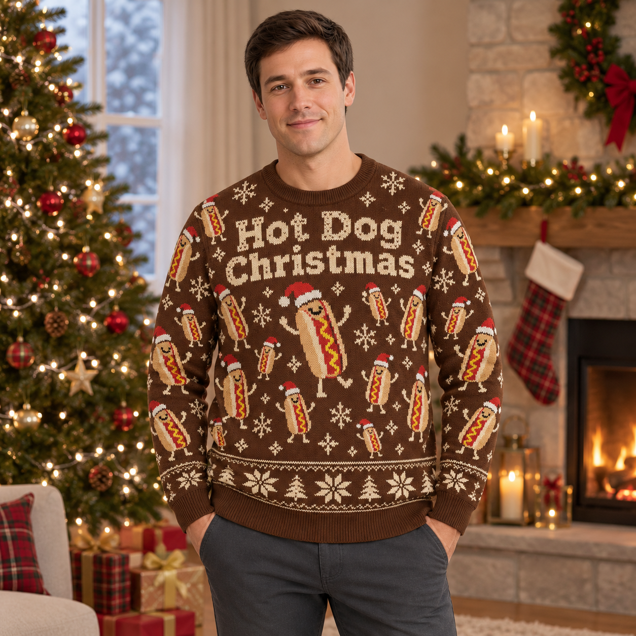 [popular-sweater:PX-23-07:male] Hot Dog Christmas Ugly Christmas Sweatshirt - Male view