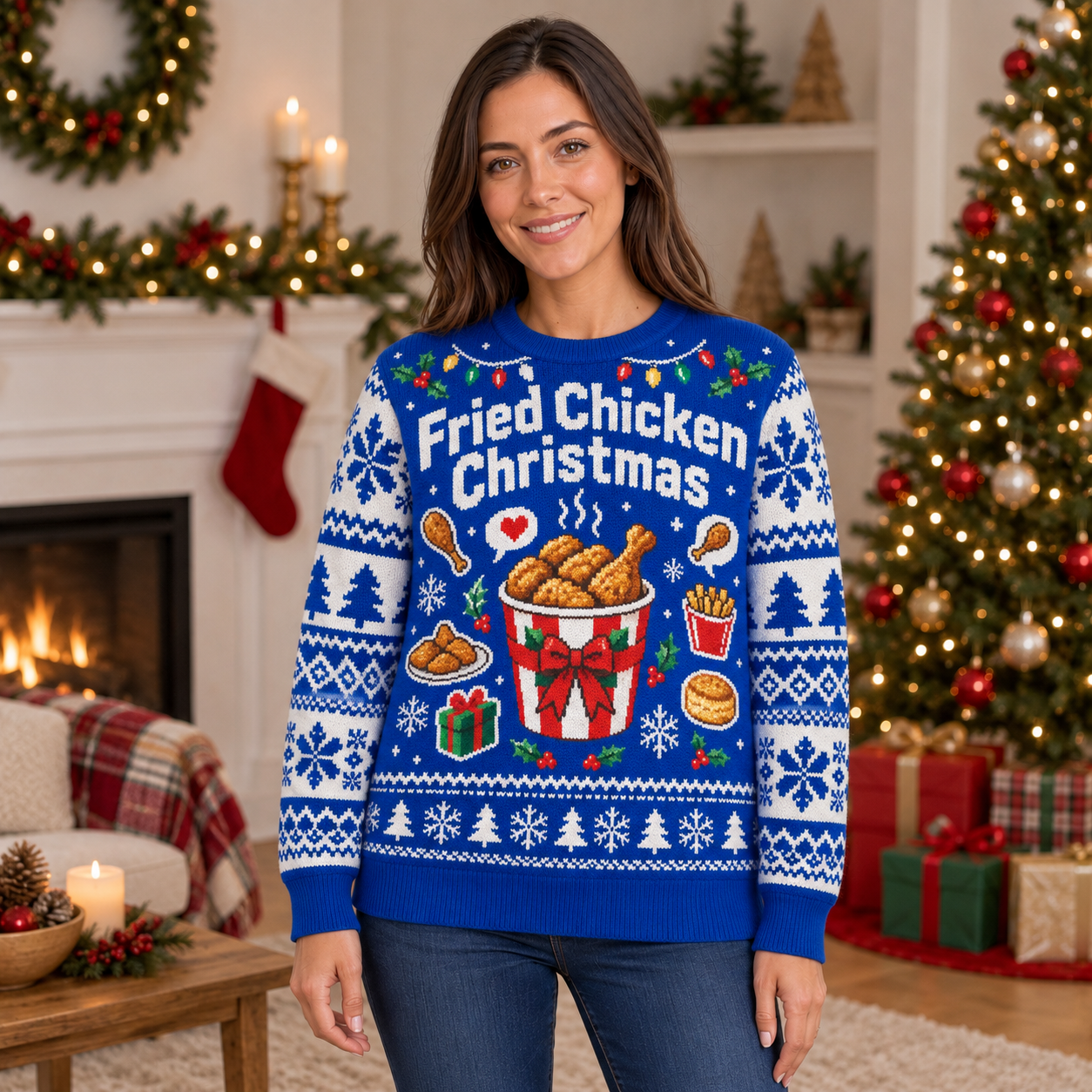 [popular-sweater:PX-23-08:female] Fried Chicken Christmas Ugly Christmas Sweatshirt - Female view