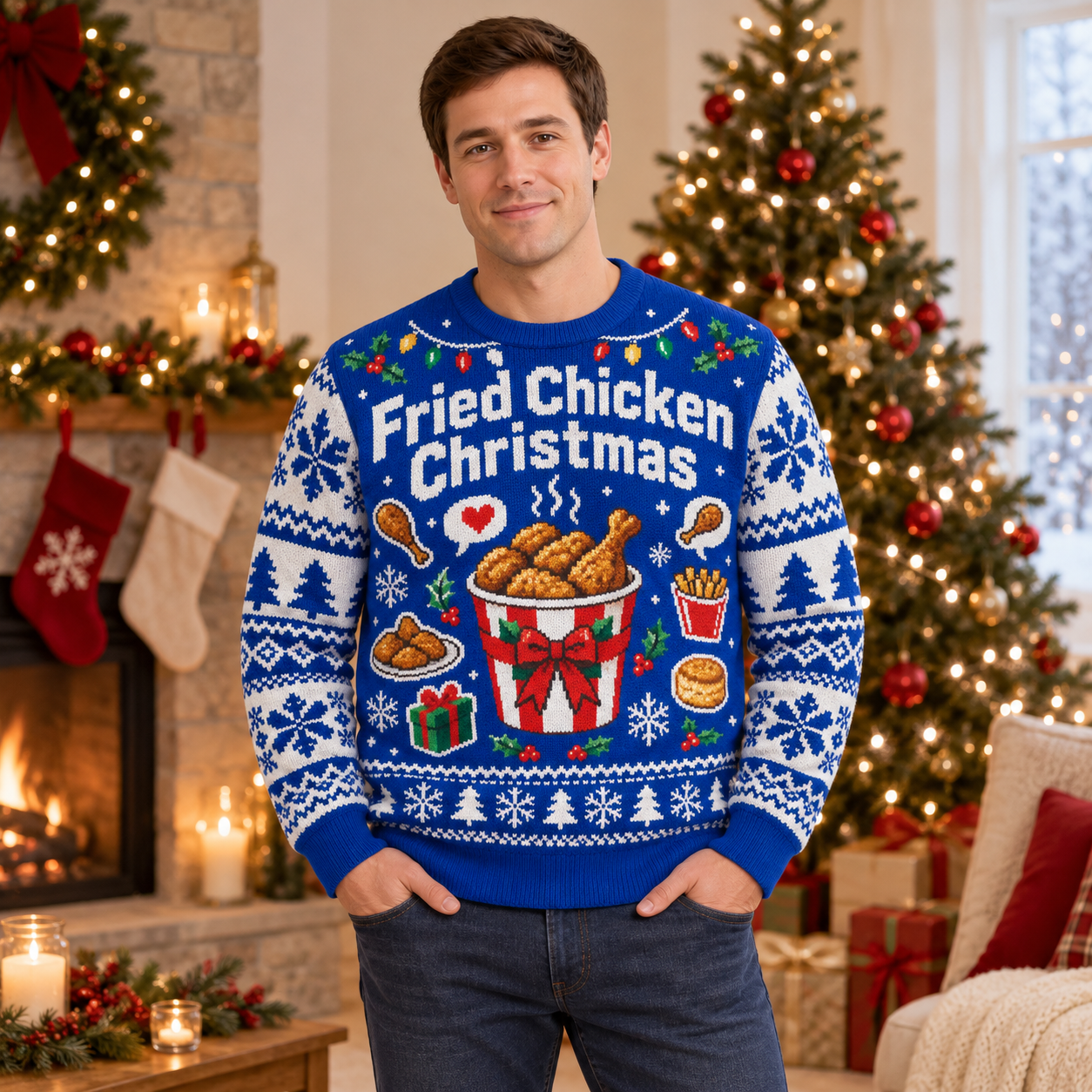 [popular-sweater:PX-23-08:male] Fried Chicken Christmas Ugly Christmas Sweatshirt - Male view