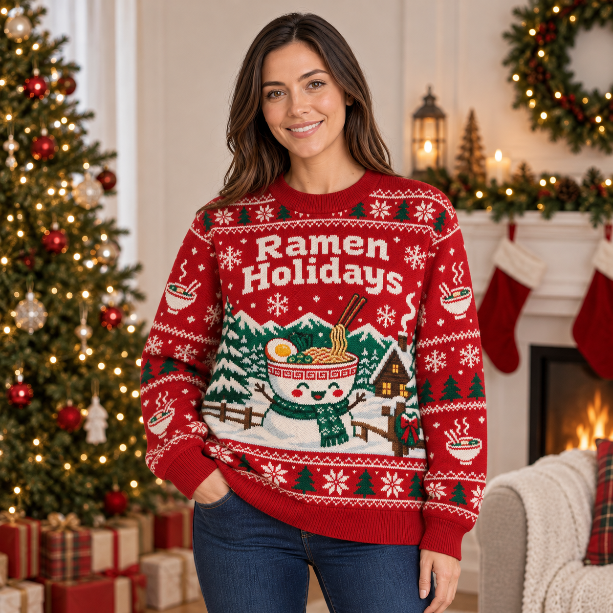 [popular-sweater:PX-23-09:female] Ramen Holidays Ugly Christmas Sweatshirt - Female view