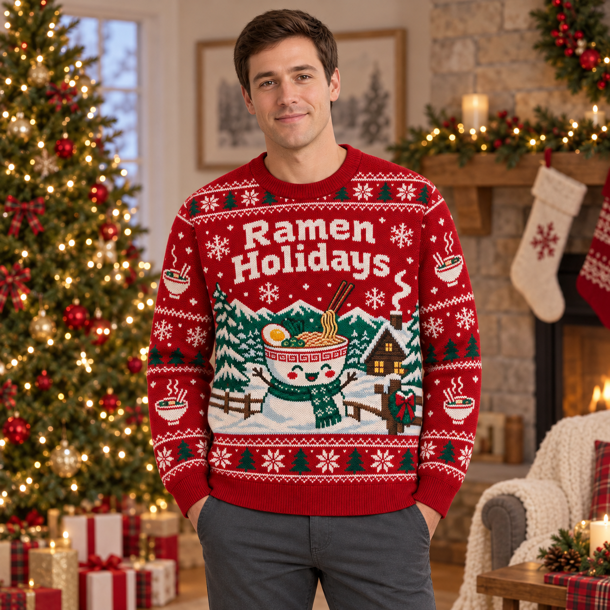 [popular-sweater:PX-23-09:male] Ramen Holidays Ugly Christmas Sweatshirt - Male view