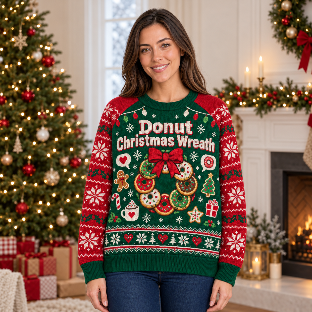 [popular-sweater:PX-23-13:female] Donut Christmas Wreath Ugly Christmas Sweatshirt - Female view
