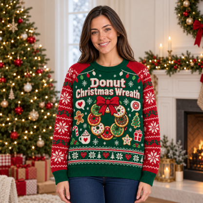 [popular-sweater:PX-23-13:female] Donut Christmas Wreath Ugly Christmas Sweatshirt - Female view