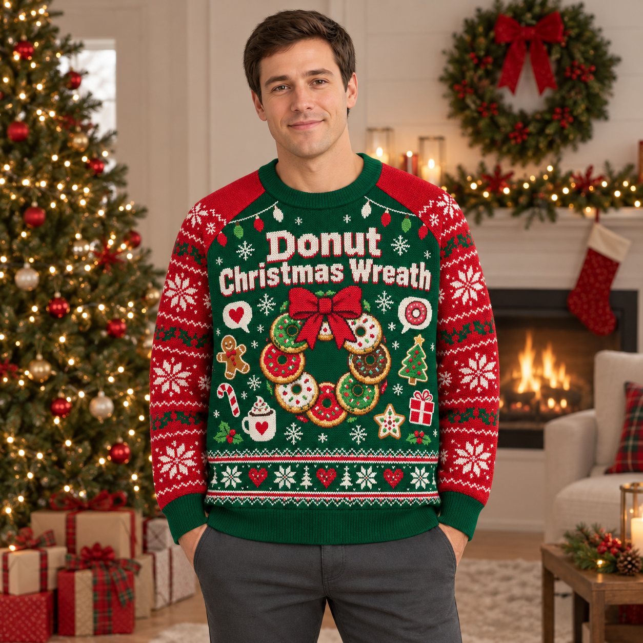 [popular-sweater:PX-23-13:male] Donut Christmas Wreath Ugly Christmas Sweatshirt - Male view