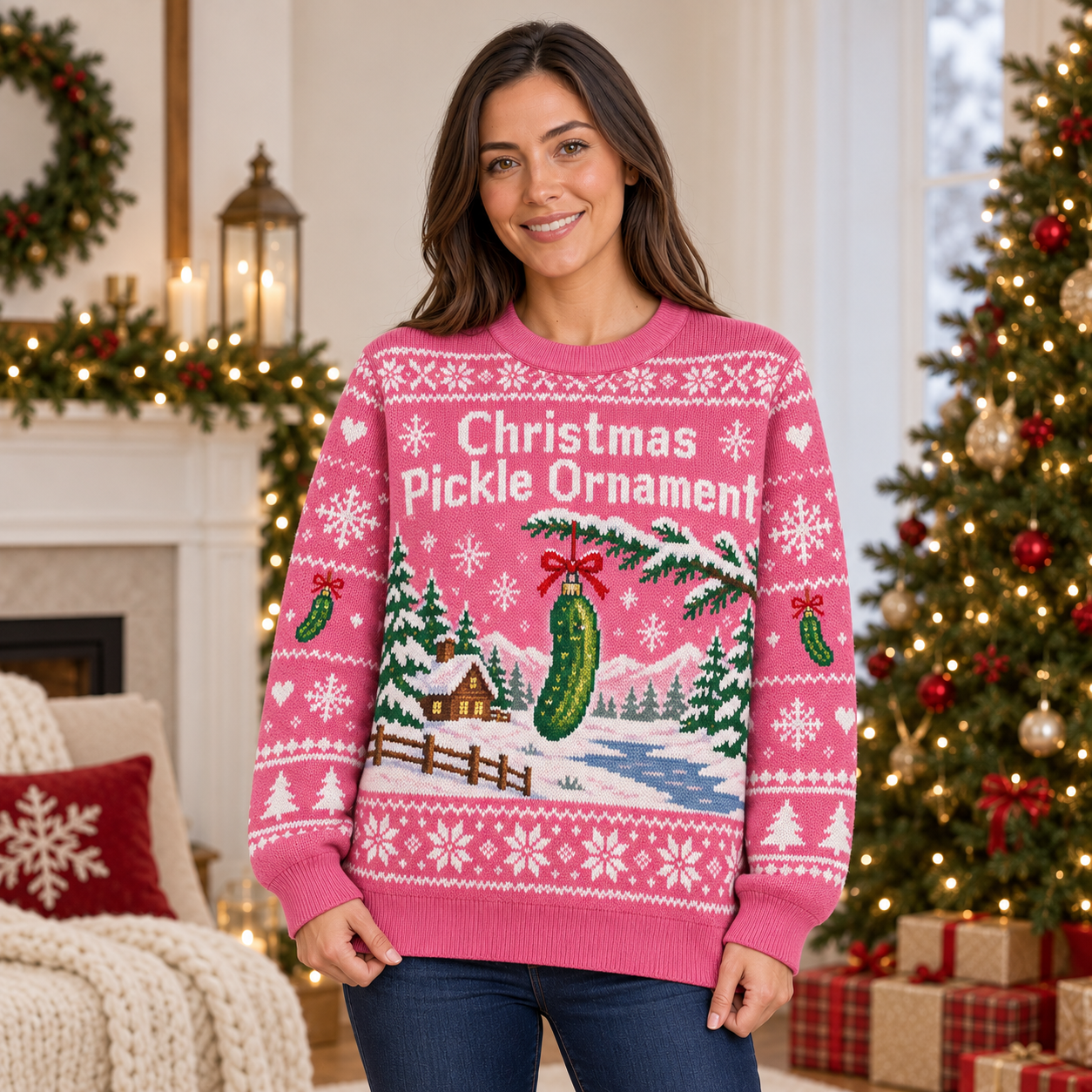 [popular-sweater:PX-23-14:female] Christmas Pickle Ornament Ugly Christmas Sweatshirt - Female view