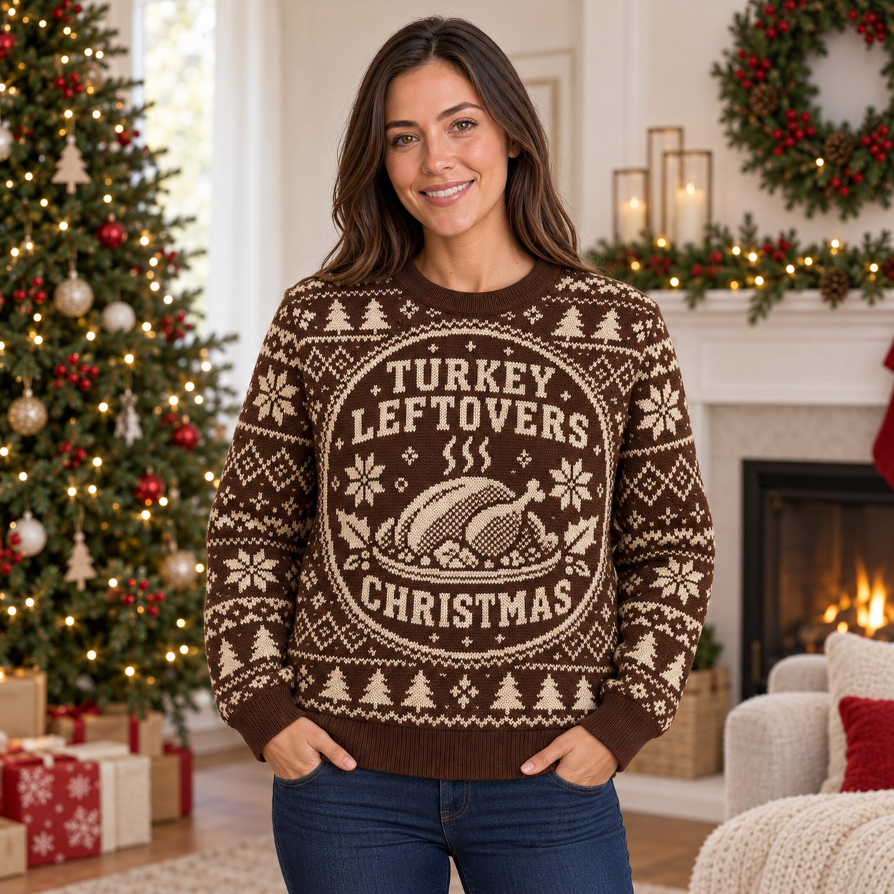 [popular-sweater:PX-23-15:female] Turkey Leftovers Christmas Ugly Christmas Sweatshirt - Female view