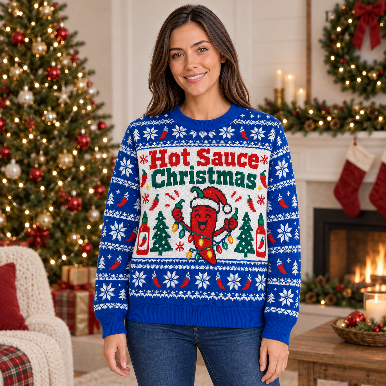 [popular-sweater:PX-23-16:female] Hot Sauce Christmas Ugly Christmas Sweatshirt - Female view