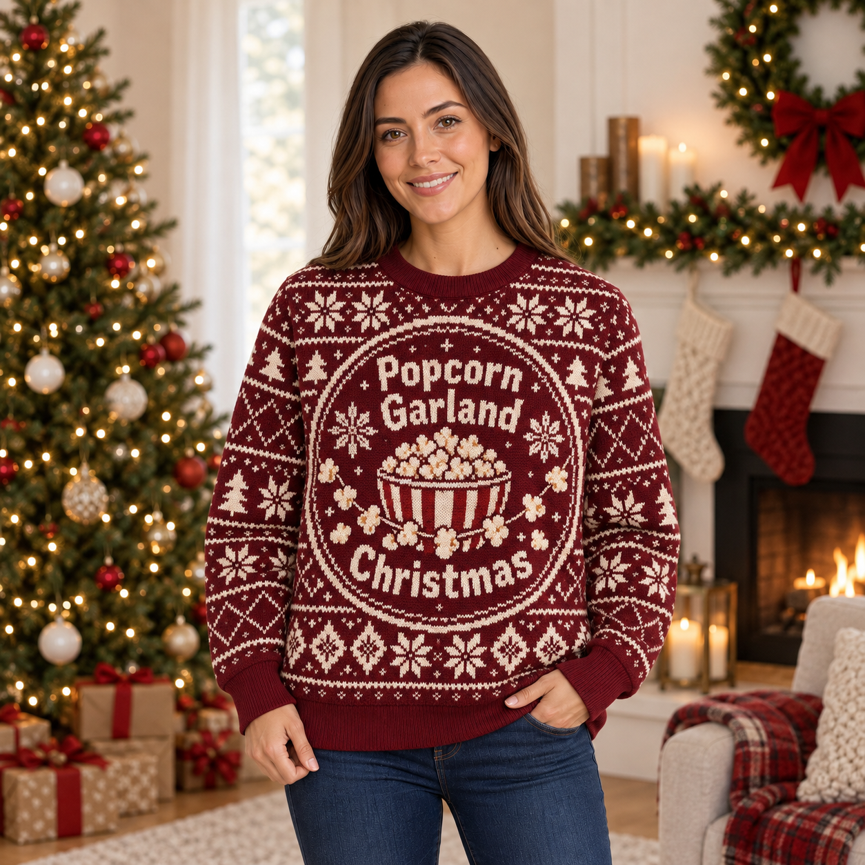[popular-sweater:PX-23-20:female] Popcorn Garland Christmas Ugly Christmas Sweatshirt - Female view