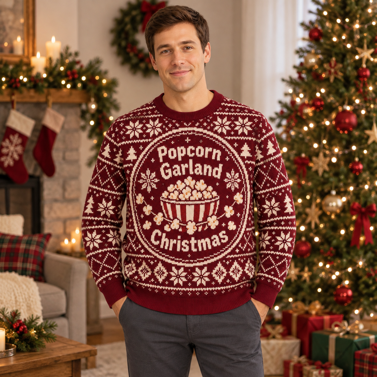 [popular-sweater:PX-23-20:male] Popcorn Garland Christmas Ugly Christmas Sweatshirt - Male view