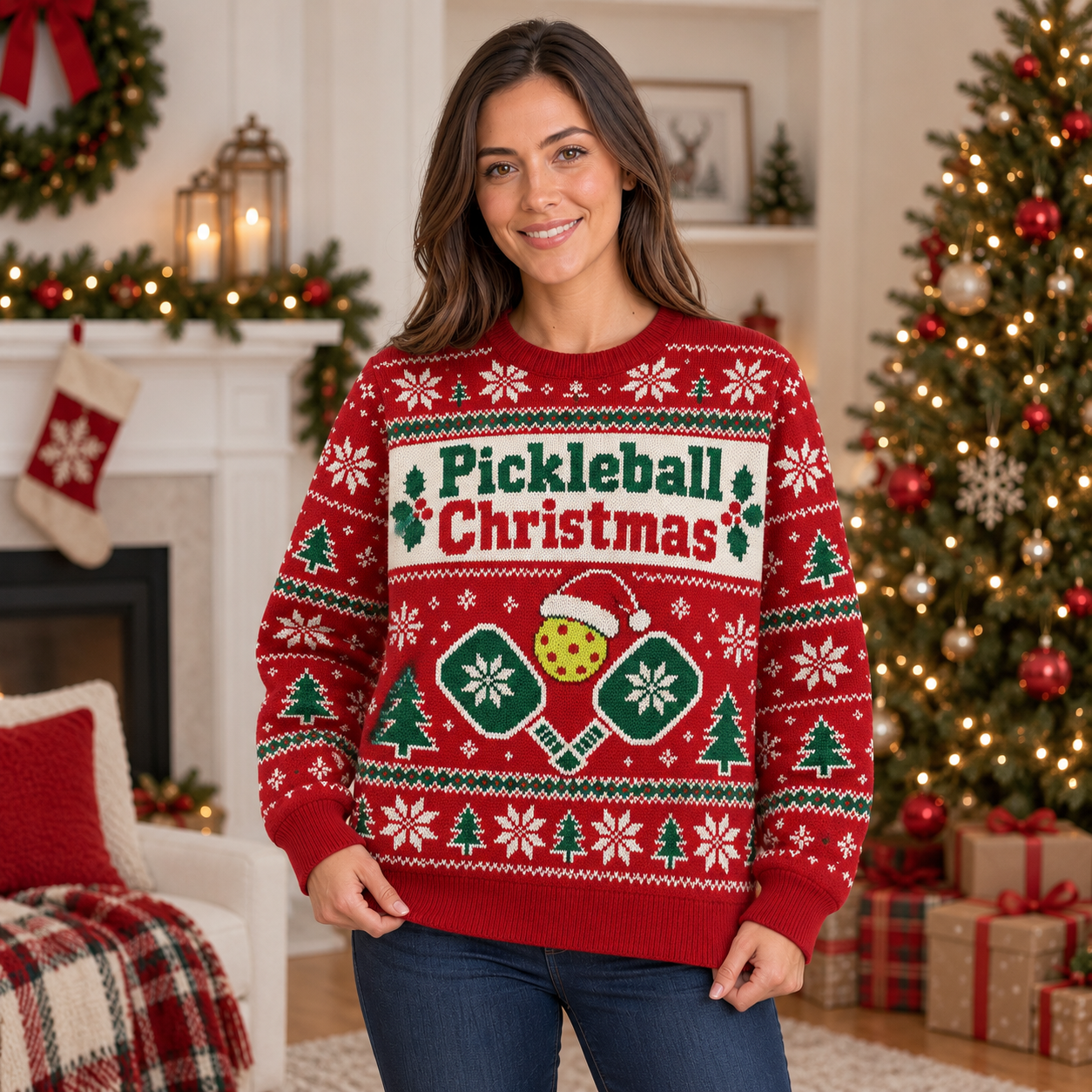 [popular-sweater:PX-24-01:female] Pickleball Christmas Ugly Christmas Sweatshirt - Female view
