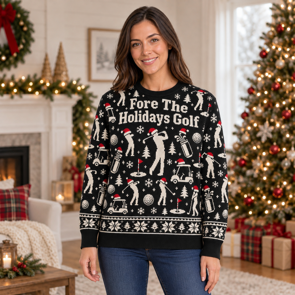 [popular-sweater:PX-24-02:female] Fore The Holidays Golf Ugly Christmas Sweatshirt - Female view