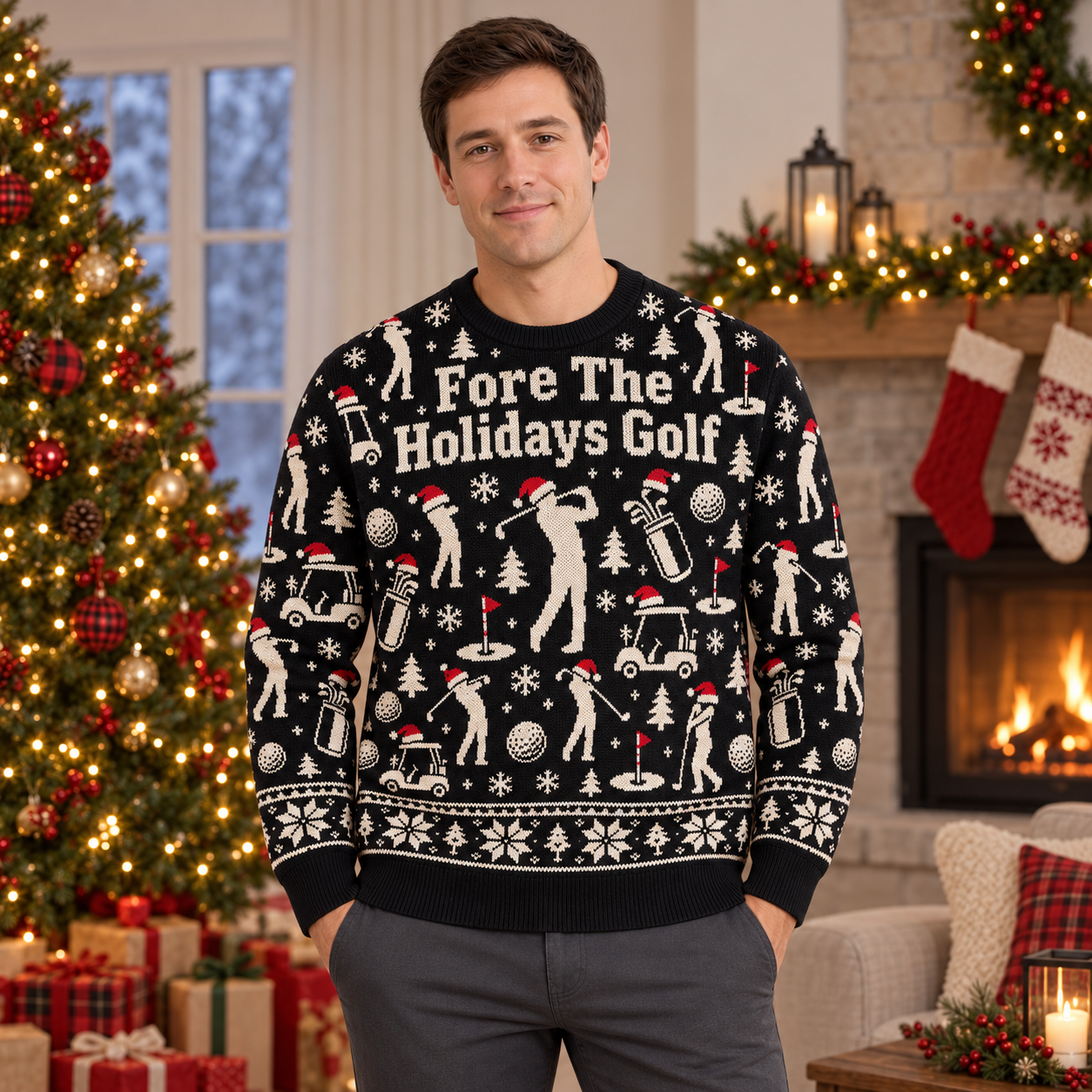 [popular-sweater:PX-24-02:male] Fore The Holidays Golf Ugly Christmas Sweatshirt - Male view