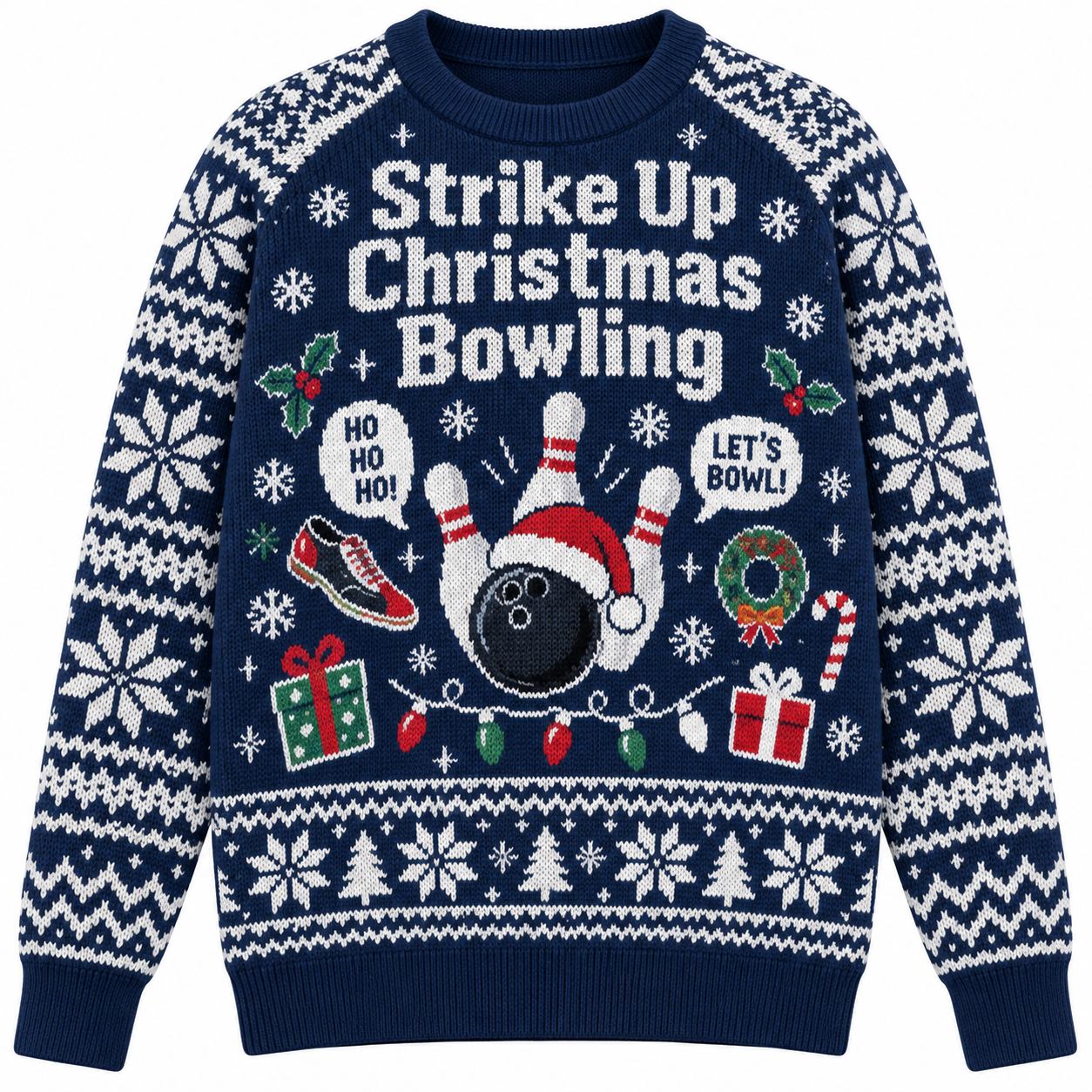 [popular-sweater:PX-24-03:front] Strike Up Christmas Bowling Ugly Christmas Sweatshirt - Front view